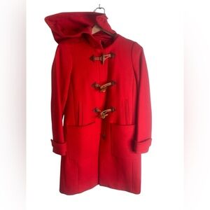 JCREW RED WOOL BLEND TRECH COAT WITH TOGGLES AND HOOD SIZE 4